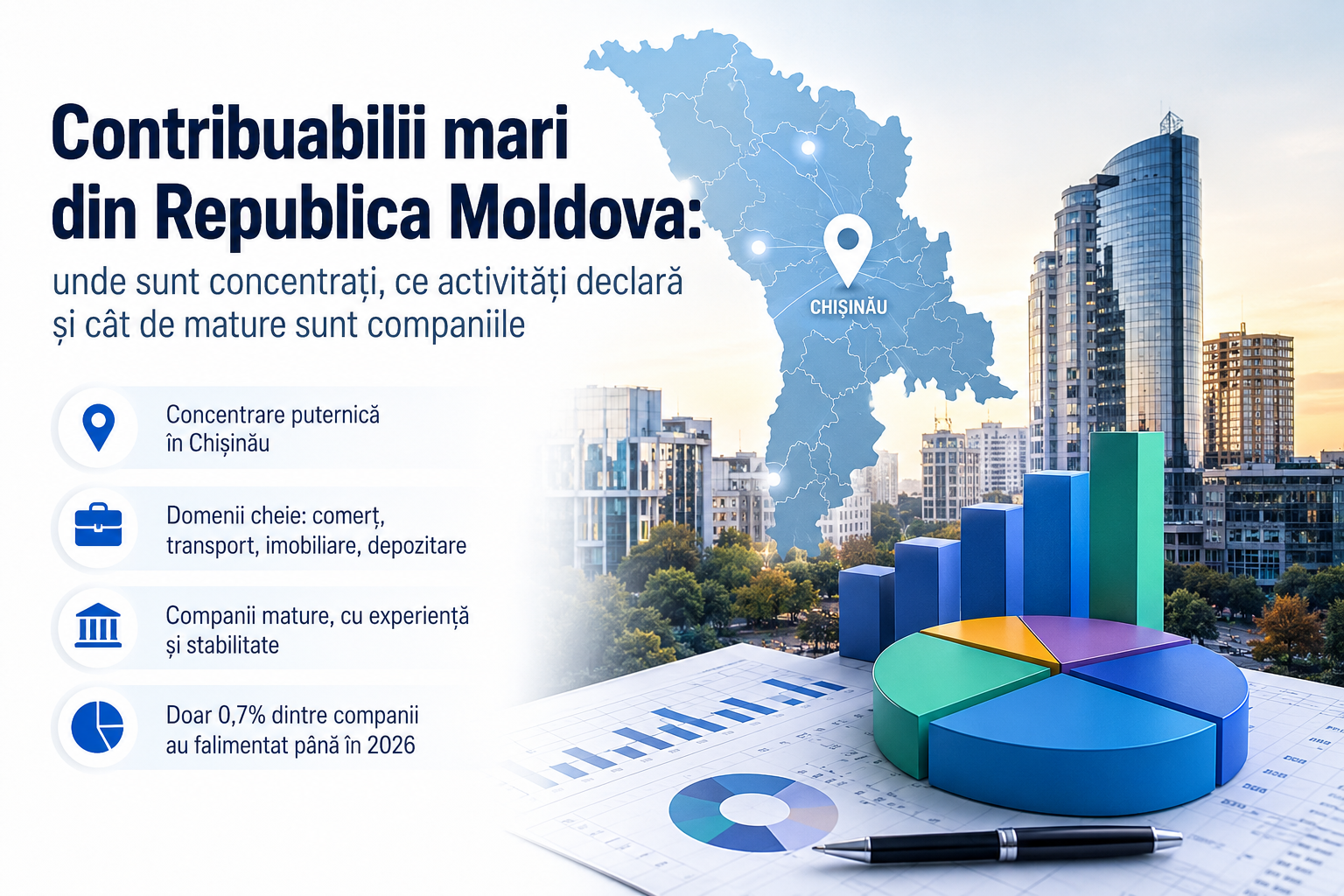 Infografic contribuabili mari Republica Moldova - concentrare Chișinău, comerț și transport, companii mature