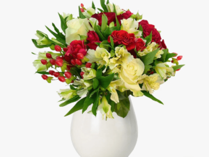 Buchet cu alstroemeria alba si hipericum